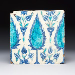 A blue and turquoise Damascus pottery tile with cypress trees — photo 1