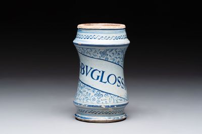 A blue and white Antwerp maiolica 'a foglie' albarello, mid 16th C.