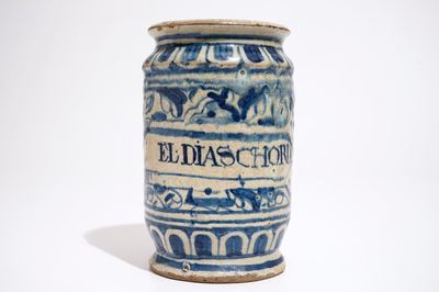 A blue and white Antwerp maiolica albarello drug jar, ca. 1580