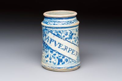 A blue and white Antwerp maiolica albarello inscribed 'PV:PVERPERL', 16th C.