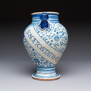 A blue and white Antwerp maiolica wet drug jar inscribed 'S ACETOSITATIS', 16th C. — foto 4