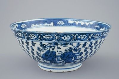A blue and white Chinese bowl with Shou Lao on a crane, Transitional period, 1620-1683