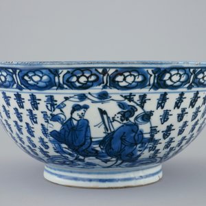 A blue and white Chinese bowl with Shou Lao on a crane, Transitional period, 1620-1683 — 照片 3
