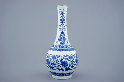 A blue and white Chinese lotus scroll bottle vase, Transitional period, 1620-1683