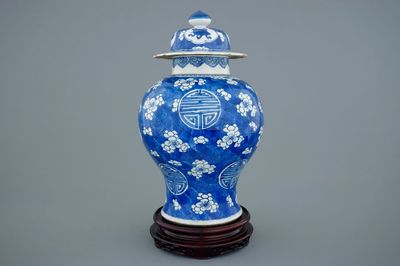 A blue and white Chinese "Shou" vase on cracked ice and prunus ground, Kangxi