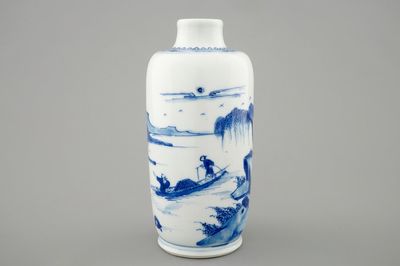 A blue and white Chinese vase with a mountainous landscape, Kangxi