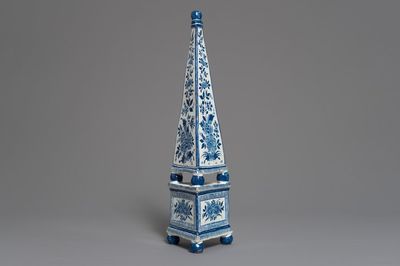 A blue and white Delft style obelisk with floral design, Braunschweig, Germany, 18th C.