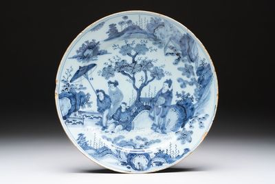 A blue and white Dutch Delft chinoiserie dish, 17th C.