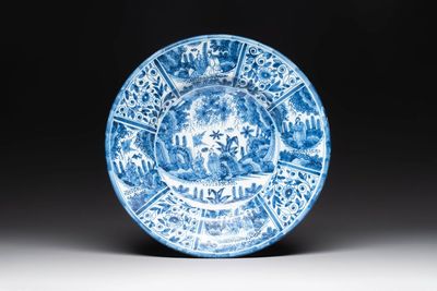 A blue and white Dutch Delft chinoiserie dish, 17th C.