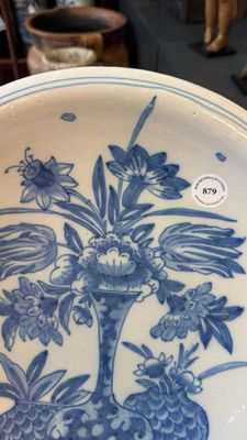 A blue and white Dutch Delft chinoiserie dish with flower vases and insects — photo 3