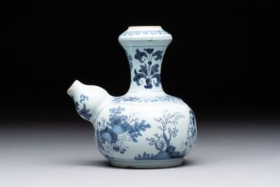 A blue and white Dutch Delft chinoiserie kendi, 17th C.