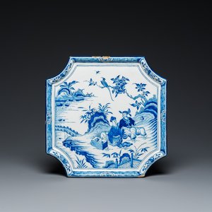 A blue and white Dutch Delft chinoiserie plaque with a tea drinking scene, 18th C. — photo 1