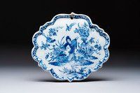 A blue and white Dutch Delft 'Chinoiserie' plaque with an elegant lady, 18th C.