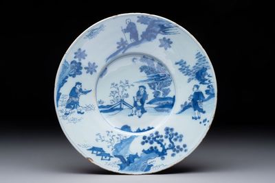 A blue and white Dutch Delft chinoiserie plate, 17th C.