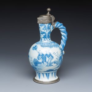A blue and white Dutch Delft rope-handled chinoiserie jug with a mounted pewter lid — photo 1