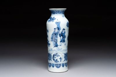 A blue and white Dutch Delft chinoiserie rouleau vase, 17th C.