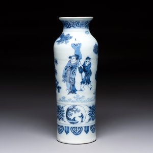 A blue and white Dutch Delft chinoiserie rouleau vase in Transitional style — 照片 1