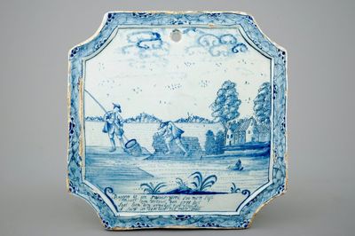A blue and white Dutch Delft dredging subject plaque, 18th C.