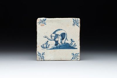 A blue and white Dutch Delft 'elephant' tile, 17th C.