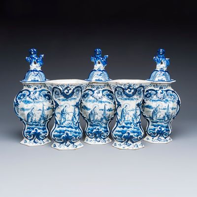 A blue and white Dutch Delft five-piece garniture, 18th C.