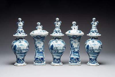A blue and white Dutch Delft garniture of five vases and covers, 2nd half 18th C.