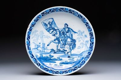 A blue and white Dutch Delft 'Julius Caesar' dish, after an engraving by Adriaen Collaert, early 18th C.