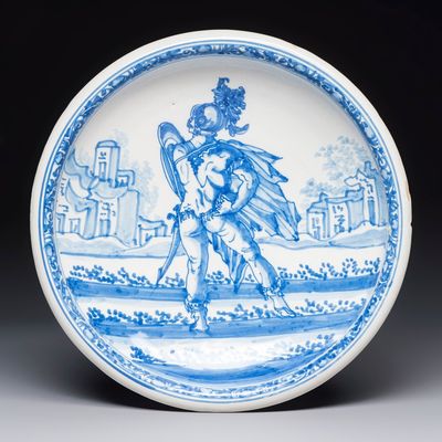 A blue and white Dutch Delft 'Marcus Valerius Corvus' dish, after an engraving by Hendrick Goltzius, 17th C.