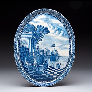 A blue and white Dutch Delft oval plaque with a Mediterranean seaport scene, after an engraving by Daniel Marot, 18th C. — 照片 1