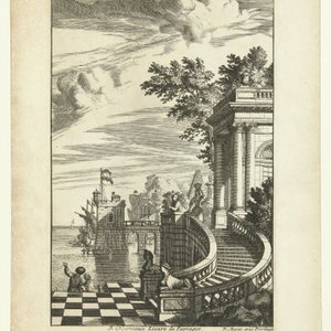 A blue and white Dutch Delft oval plaque with a Mediterranean seaport scene, after an engraving by Daniel Marot, 18th C. — 照片 3