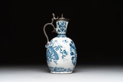 A blue and white Dutch Delft pewter-mounted armorial jug, late 17th C.