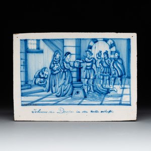 A blue and white Dutch Delft 'Salomé with the Head of St. John the Baptist' plaque, signed J.J. v. Luyn, Utrecht, 19th C. — photo 1