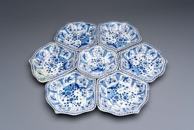 A blue and white Dutch Delft seven-piece sweetmeat dish set, 19th C.