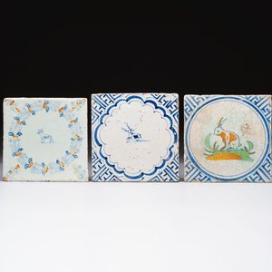 A blue and white Dutch Delft 'stag' tile and two polychrome 'goat' and 'rabbit' tiles, 17th C. — photo 1