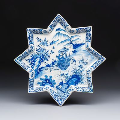A blue and white Dutch Delft chinoiserie star-shaped dish, 18th C.