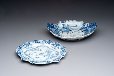 A blue and white Dutch Delft strainer and stand, 18th C.