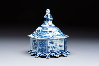 A blue and white Dutch Delft tobacco box and cover, 18th C.