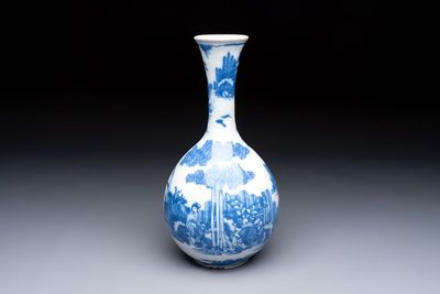 A blue and white Dutch Delft Transitional style chinoiserie bottle vase, late 17th C.