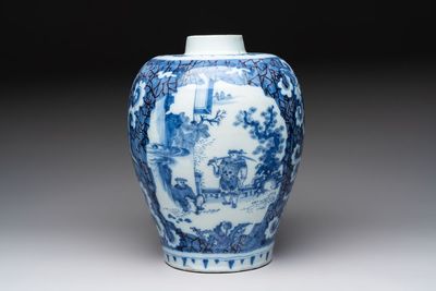 A blue and white Dutch Delft Transitional style chinoiserie vase, late 17th C.