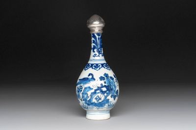 A blue and white Dutch Delft vase with silver cover, 18th C.