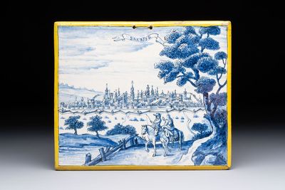 A blue and white Dutch Delft 'View of Brussels' plaque, 19th C.
