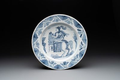A blue and white Dutch maiolica dish with a rider on horseback, probably Harlingen, 2nd half 17th C.
