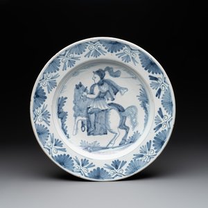 A blue and white Dutch maiolica dish with a rider on horseback, probably Harlingen, 2nd half 17th C. — 照片 1