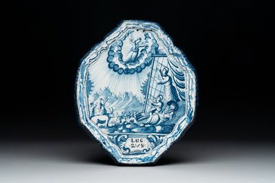 A blue and white Frisian Dutch Delft 'Annunciation to the Sheperds' plaque, inscribed 'LUC 2V8', 18th C.