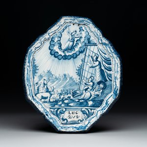 A blue and white Frisian Dutch Delft 'Annunciation to the Shepherds' plaque, inscribed 'LUC 2V8', 18th C. — photo 1
