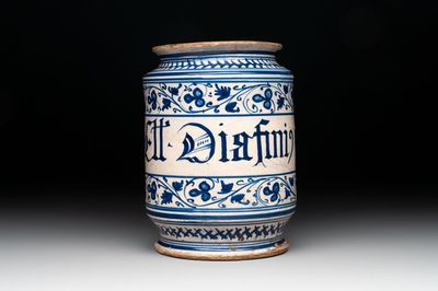 A blue and white Italian albarello, Faenza, 2nd half 16th C.