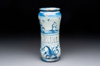 A blue and white Italian albarello, inscribed 'mirice', 18th C.