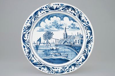 A blue and white landscape dish, Harlingen, Friesland, 18th C.