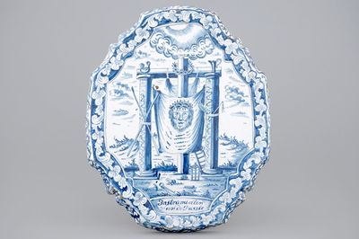 A blue and white plaque with "The Passion of Christ", Makkum, Friesland, 18th C.