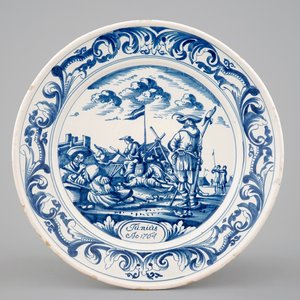 A blue and white plate with soldiers at camp, Makkum, Friesland, dated 1764 — photo 1