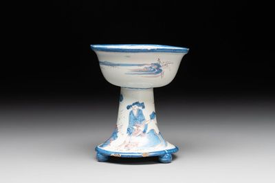 A blue, white and manganese chinoiserie salt, probably Nevers, dated 1732